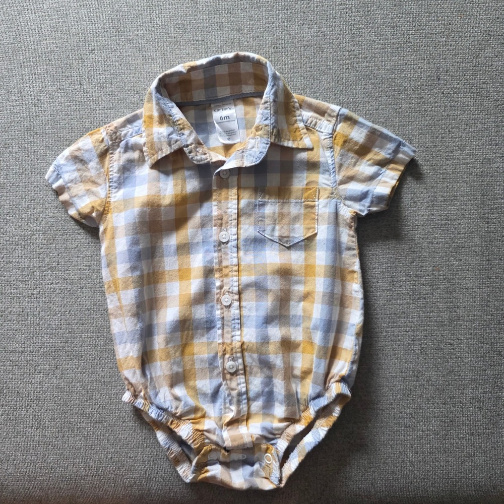 Carters Baby Boy 6M Yellow Blue Gingham Plaid Button Down Bodysuit Romper Shirt